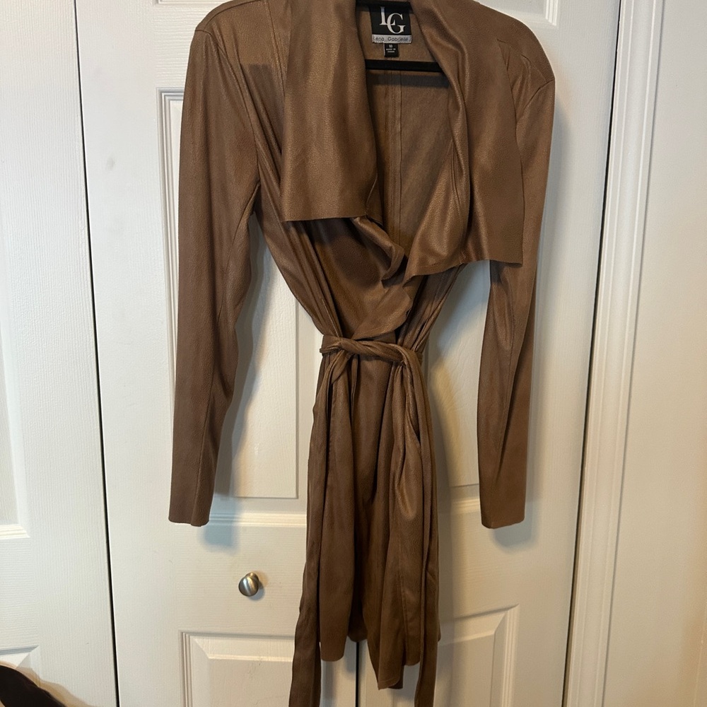Tan drape-front or Waterfall Jacket with belt. HOST Pick from @athingortwo